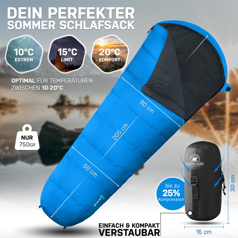 NORDBÄR® Summer Sleeping Bag Ultralight & Compact [750 g] with