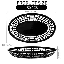 Seuqhck 50 Pack Oval Fast Food Baskets, 9 Inch Plastic Storage Basket, Black Food Serving Tray for Fries, Hot Dogs, Burger, Sandwiches, Picnics