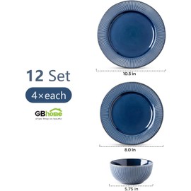 GBHOME Ceramic Dinnerware Sets, 12 Piece Embossed Elegant Stoneware Plates and Bowls Sets, Housewarming Wedding Gift | Dishwasher & Microwave Safe | Dishes Set Service for 4