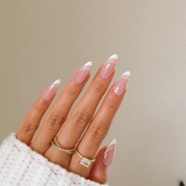 Pikabows Press On Nails Long Almond Nude Natural French Tip Fake Nails Acrylic False Nail Tips Kit Glue on Nails for Women