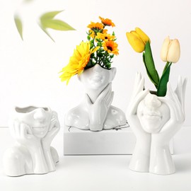 Sieral 3 Pcs Ceramic Face Vase Female Form Flower Modern Body Vase for Decor with Head Half Body Bust Centerpiece for Table Shelf Home Bedroom Room Office(Large,White)