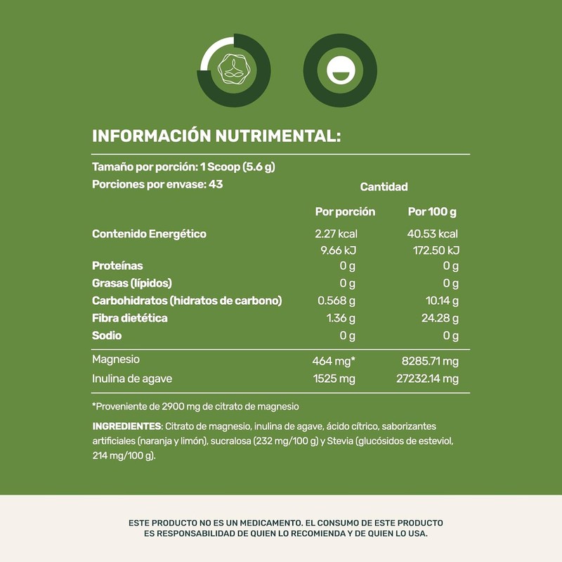 LIFE 360+ Mag-Cit y Prebiotic Citrato de Magnesio en Polvo