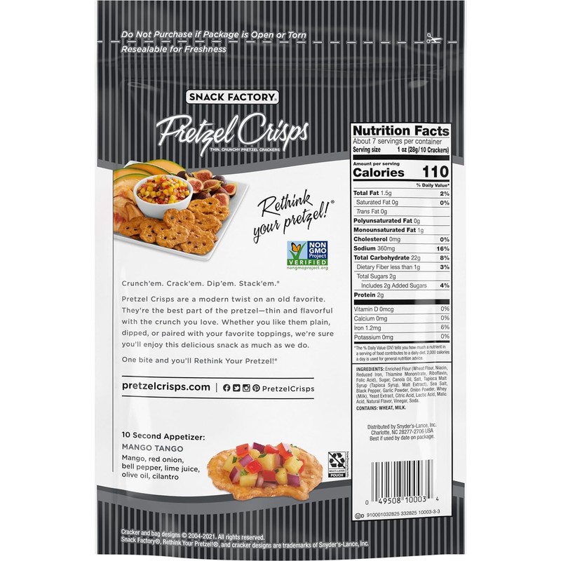 Snack Factory Pretzel Crisps Sea Salt & Cracked Pepper, 7.2