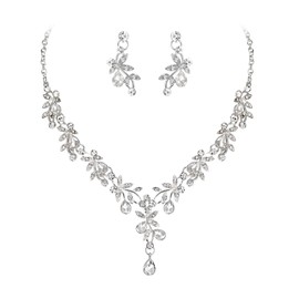Clearine Wedding Jewellery Set for Women Bride, Y-Necklace Dangle Earrings Set Stunning Crystal Teardrop Leaf Flower Cluster Prom Jewellery for Bridal Bridesmaid Clear Silver-Tone