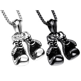 Weenkeey 2 Pcs Boxing Glove Necklace Punk Rock Hip Hop Fighting Glove Pendant Necklace Sports Pendant Necklace for Men - Black Silver Style 1