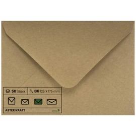 Netuno Pack of 50 Envelopes Kraft Paper DIN B6 125 x 175 mm 100 g Aster Kraft Brown Envelopes Vintage Retro for Invitation Cards Wedding Birthday Cards Christmas Elegant Envelopes Recycling