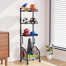 Garage Sports Equipment Organizer Storage, Ball Storage Rack, Home Gym Equipment Storage Rack, Rolling Outdoor Toy Storage with Wheels, Ball Holder for Football Soccer Basketball Volleyball Baseball