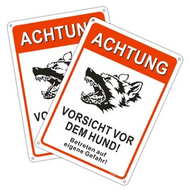 Andchi 2-Piece "Vorsicht vor Dem Hund" Sign, Warning Sign, Aluminium Safety Sign, Size 18 x 25 cm, German Dog