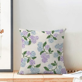 QANOK Spring Summer Pillow Covers 18x18 Set of 2, Blue Purple Hydrangea Flower Decor Farmhouse Floral Throw Pillows Outdoor Decorative Cushion Case Spring Decorations for Home Couch Sofa