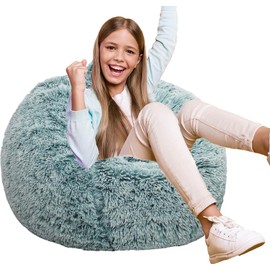 Fluffy Bean Bag Chair for Kids, 2.5FT Round Memory Foam Filled Bean Bag for Teens & Kids, Ultra Soft Faux Fur Fabric Bean Bag Chairs for Playroom, Living Room, Bedroom, Dark Green