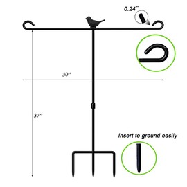 LAIRIES Garden Flag Stand Holder for Double Flags with Bird Garden Flag Stopper and Anti-Wind Clip 37’’H x 30’’W Black Wrought Iron Yard Season Flag Pole for 2 Flags Outdoor