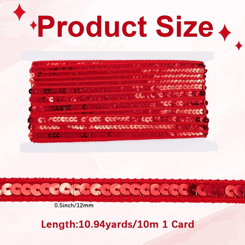 CABODYALS 10M Red Glitter Sequin Trim Single Row Braid Ribbon