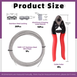 Swpeet 42Pcs Cable Cutter and 100ft Stainless Steel Wire Rope with Stainless Steel Locking and Aluminum Crimping Loop Sleeves Assortment Kit for Deck Stair Railing Strong Thick Seal Metal Fencing