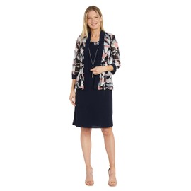 R&M Richards Women's Print Mesh Daytime Jacket Dress, Navy/Pink