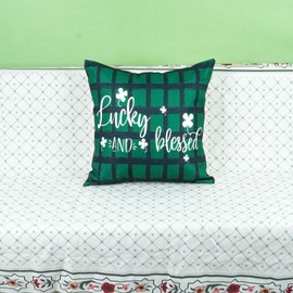 ONWAY St Patricks Day Green Buffalo Plaid Lumbar Pillow Cover 20x20 Shamrock Clover Lucky Blessed Decorative Farmhouse Cushion Case for Sofa Couch Home Bed Decor