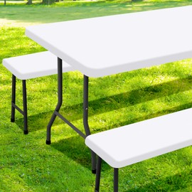 Smiry Picnic Table Cover with Bench Covers, Waterproof Elastic Fitted Polyester Tablecloths for 6 Ft Rectangle Tables, Washable Windproof Tablecloth for Camping, RV & Outdoor (White, 30x72 Inches)