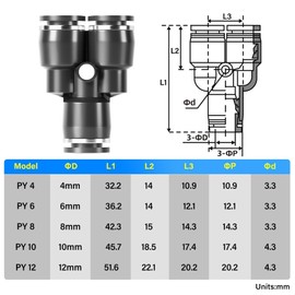 TAILONZ PNEUMATIC Black 6MM OD Y Spliter Plastic Push to Connect Fittings 3 Ways Tube Connect Push Fit Push Lock PY6(Pack of 2)