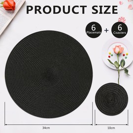 Homcomodar Round Placemats and Coasters Set of 6 Braided Woven Table Place Mats for Dining Table(Black)