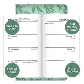 2026 Pocket Diary Week to View - Green Leaf Print Embossed Padded Soft Faux Leather Planner Botanical Design - Casebound Notebook Business & Student Organiser