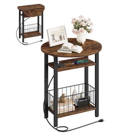 CHOEZON Folding Side Table, Side Table with Charging Station, 3-Tier Narrow End Table with Folding Top, Round Side Table for Small Spaces, for Living Room, Bedroom, Rustic Brown TBZ10UBF