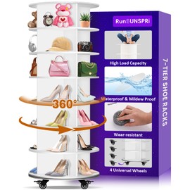 7 Tier Rotating Shoe Rack with 4 Universal Wheels, 360° Revolving Free Standing Shoe Organizer, Multifunctional Storage Revolving Shoe Rack Tower, Spinning Shoe Racks Display Lazy Susan Equipped