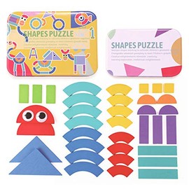 Ahyuan Wooden Pattern Blocks Geometric Animal Shapes Puzzles Guide Cards Brain Teaser Toys for Children Best STEM Educational Montessori Tangram Toys (Style B)