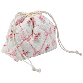 PLIGREAT Small Drawstring Makeup Bag Cotton Quilted Cosmetic Bag with Canvas Lining Pink Bow Style Portable Make Up Organizer for Traveling Toiletry Cute Women Gift