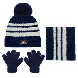 3Pcs Kids Hat Scarf Gloves Set, Pom Fleece Lined Stripe Beanie Hat, Stripe Knit Thermal Neck Warmer and Gloves Sets for Age 2-8, Winter Children Warm Accessories Sets for Outdoor (Navy)