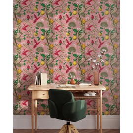 Coloritto Pink Hummingbird and Lemon Tree Wallpaper | Removable Self Adhesive Birds Mural | Botanical Peel and Stick Wallpaper (Sample 12" W x 8" H)