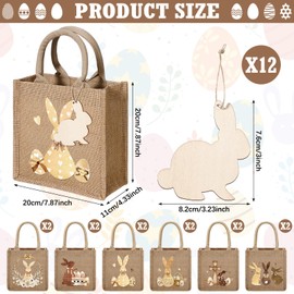 Huhumy 12 Pack Easter Burlap Bags with Tags Goodie Treat Bags for Kids Favor Bunny Eggs Gift(Easter Day)
