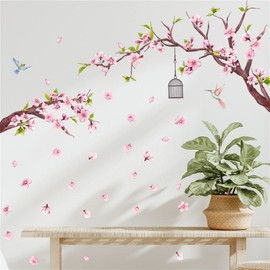 WOHAHA Wall Sticker, Stylish, Pink, Peach Blossoms, Trees, Birds, Birds, Birds, Flower Plants, Wallpaper Sticker, Removable, Waterproof, Living Room, Rental, Bedroom, Wall Sticker, Stylish, Wall