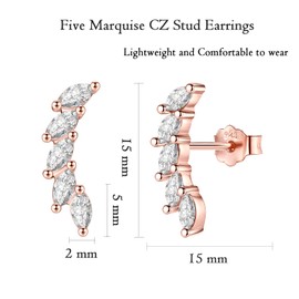 Sterling Silver Stud Earrings for Women, Cubic Zirconia Climber Leaf Shaped CZ Cluster Cartilage stud Earrings Upper Ear Helix Piercing Tragus for Girls Gifts, Rose Gold