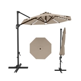 GarveeLife 10FT Patio Umbrella Outdoor Solar LED Large Cantilever w/Base Included Market Sun Shade Windproof Offset with 360-Degree Rotation for Garden Deck Pool Patio, Tan