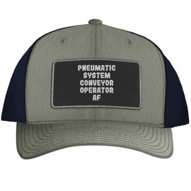 Pneumatic System Conveyor Operator AF - Leather Black Patch Engraved Trucker Hat, Heather-Navy, One Size