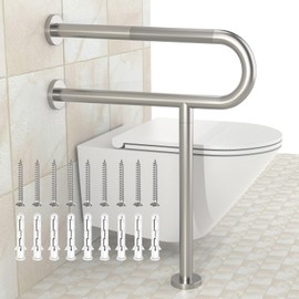 Toilet Support Rail 23.4X 28 Inch, Munzong Anti-Slip Satin Brushed Nickel Handicap Grab Bar for Bathroom, Stainless Steel Knurled Safety handrails with Leg for Elderly Disabled Pregnant-1.25’Tube