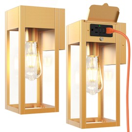 2 Pack Porch Lights Outdoor Wall Sconce, Outdoor Light with GFCI Outlet, Waterproof Exterior Wall Lantern Light Fixtures, Anti-Rust Wall Lamp with Clear Glass for Patio Doorway Garage- Gold