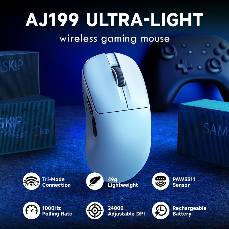 ZIYOU LANG×Magic-Refiner AJ199 Lightweight Wireless Gaming Mouse,Tri-Mode(2.4G/Wired/BT),24K DPI,PAW3311 Optical Sensor,1000Hz