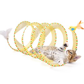 Potaroma Spiral Tunnel Cat Toy, Self Play Cat Play Spiral Kitten Collapsible Spring Tunnel Toy for Indoor Cats with Feather and Bell, 20 Inches Unfolded