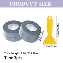 SHRADS 3 Rolls Waterproof Sealing Tape, 38 mm x 3.2 m Joint Sealing Tape, Strip Sticker Sealing Strips, Flexible Sealing Tape for Shower, Kitchen, Bathroom, Toilet (Grey)