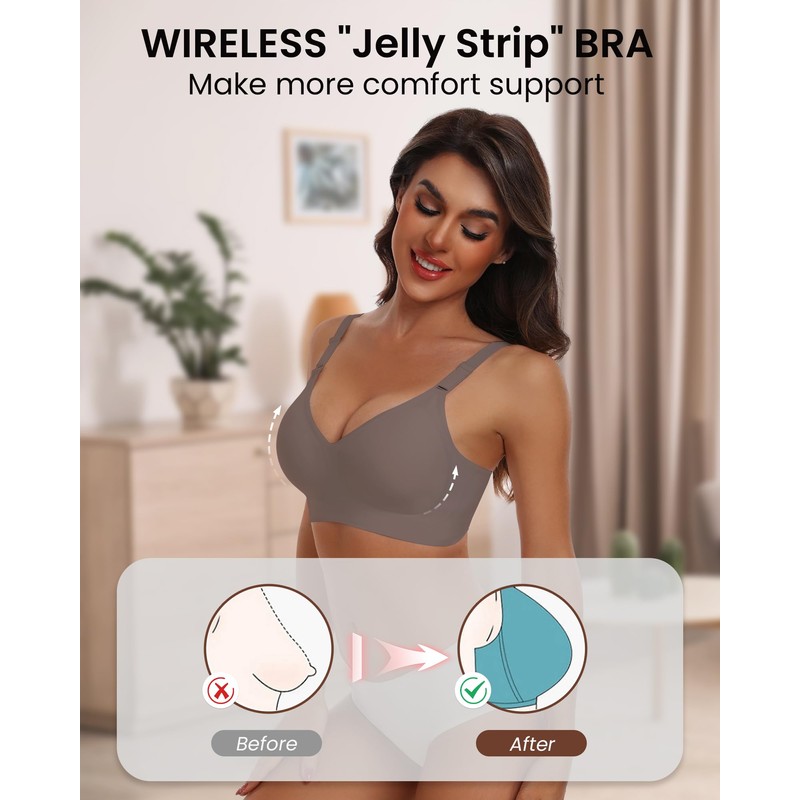HORISUN Wireless Push Up Bras Comfortable Seamless Supportive Bras(Coffee L)