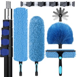 25ft High Ceiling Duster Kits with 5-18ft Heavy Duty Extension Pole - Fan Blade Cleaner, Cobweb Remover & Blue Window Squeegee Kit, Washable Dust Brush for High Roof and Glass Surfaces