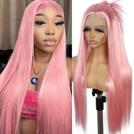 SAPPHIREWIGS 13X6 Pink Lace Front Wigs Long Straight Glueless Synthetic Lace Front Wigs Pre Plucked Pink Heat Resistant Hair for Women Daily Party Cosplay Use 26 inch