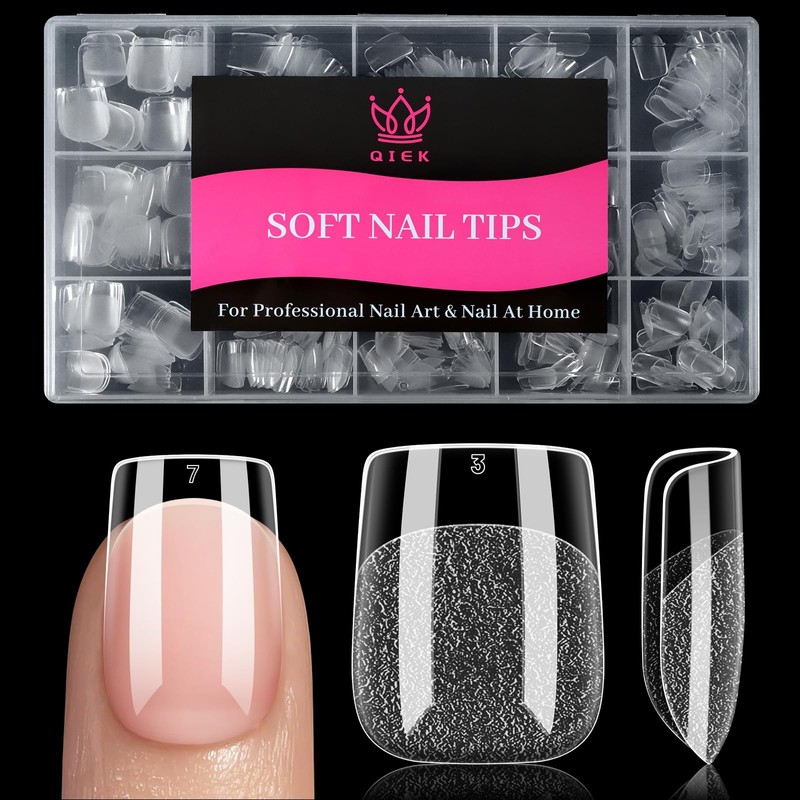 Uñas Postizas Cuadradas Extracortas, 15 Tamaños, 240 Unidades, Transparentes, Francesas,