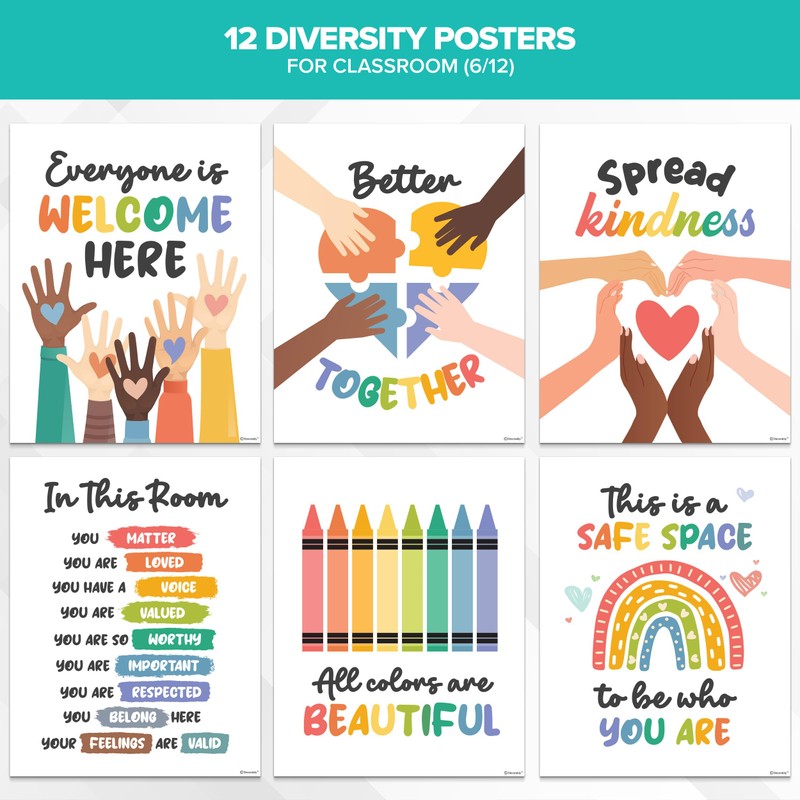 Decorably 12 Diversity Posters for Classroom, 11x14in Matte-Laminated Inspirational Inclusive