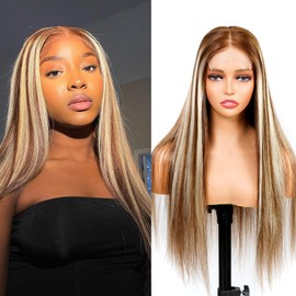 Wiggins hair Brown Wig With Highlight Blonde Lace Front Wigs Human Hair Blonde Highlight Wig 5x5 Straight Lace Front Wigs Human Hair Wigs For Black Women P4/613 Blonde Wig Human Hair Wigs 20 Inch