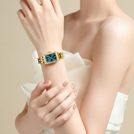 OLEVS Gold Watches for Women Square, Stainless Steel Bracelet Women's Watches Small Face Retro Waterproof Luminous Women's Watches with Date Easy to Read, 5616 blue face/gold bracelet, Bracelet