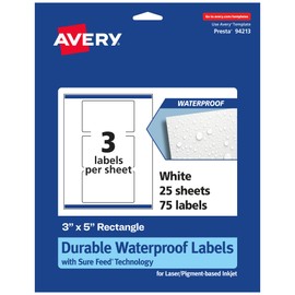 Avery Durable Waterproof Rectangle Labels with Sure Feed, 3" x 5", 75 Oil and Tear-Resistant Waterproof Labels, Print-to-The-Edge, Laser/Pigment-Based Inkjet Printable Labels