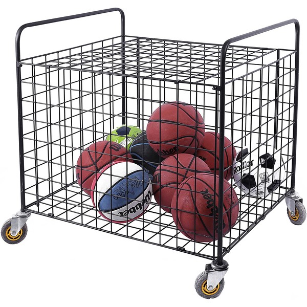 MyGift Black Metal Rolling Multi Sports Ball Storage Hopper & Basketball, Football, Soccer Equipment Cart