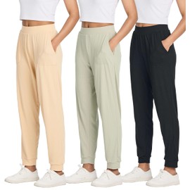 Real Essentials (Pack of 3 Women's Athletic Sweatpants Joggers Yoga Hiking Golf Gym Lounge Casual Pockets Running Workout High Waisted Active Athleisure Ribbed - Set 7, Medium