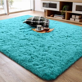 Ompaa Soft Fluffy Area Rug for Living Room Bedroom, 4x6 Teal Blue Plush Shag Rugs, Fuzzy Shaggy Accent Carpets for Kids Girls Rooms, Modern Apartment Nursery Dorm Indoor Furry Decor